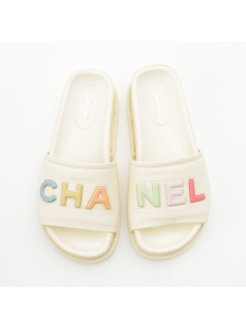 Chanel Lambskin Leather Logo Flat Sandals Mule Ivory Multicolor 37 - Picture 2 of 10